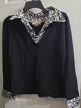 Notations Black Sweater with Black & White Leopard-Print Collar Size L